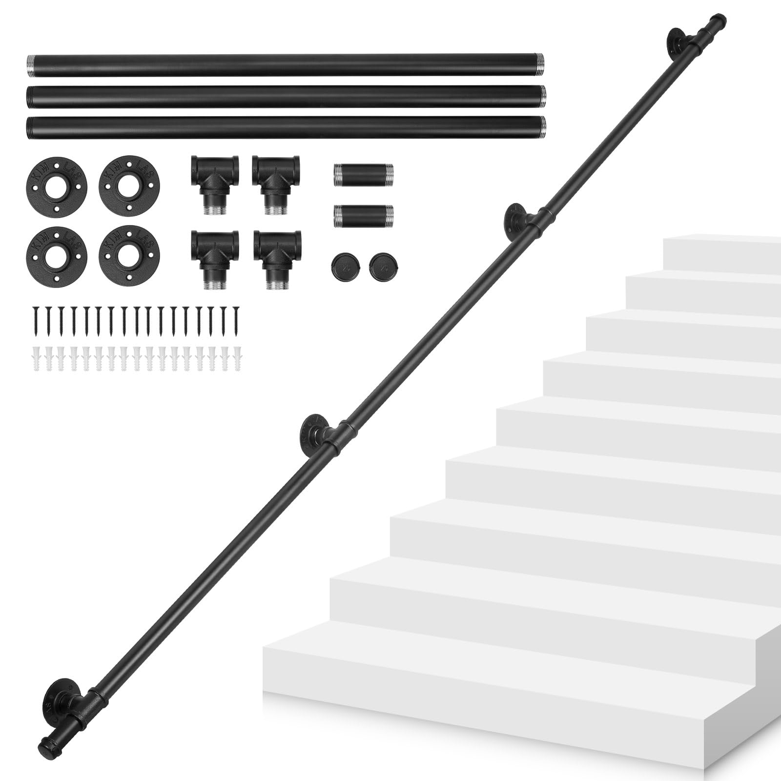 bimiti Barandilla para escaleras, interior negro, 2,5 m, pasamanos para escaleras, industrial, metal, pasamanos de pared interior y exterior, pasamanos para escaleras, jardín, entrada de casa