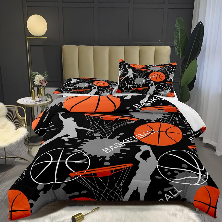 Bodhi Bed in A Bag for Kids Boys - Twin Size Basketball Comforter Set, 5 PCS. (1 Comforter, 1 Flat Sheet, 1 Fitted Sheet, 2 Pillowcases)
