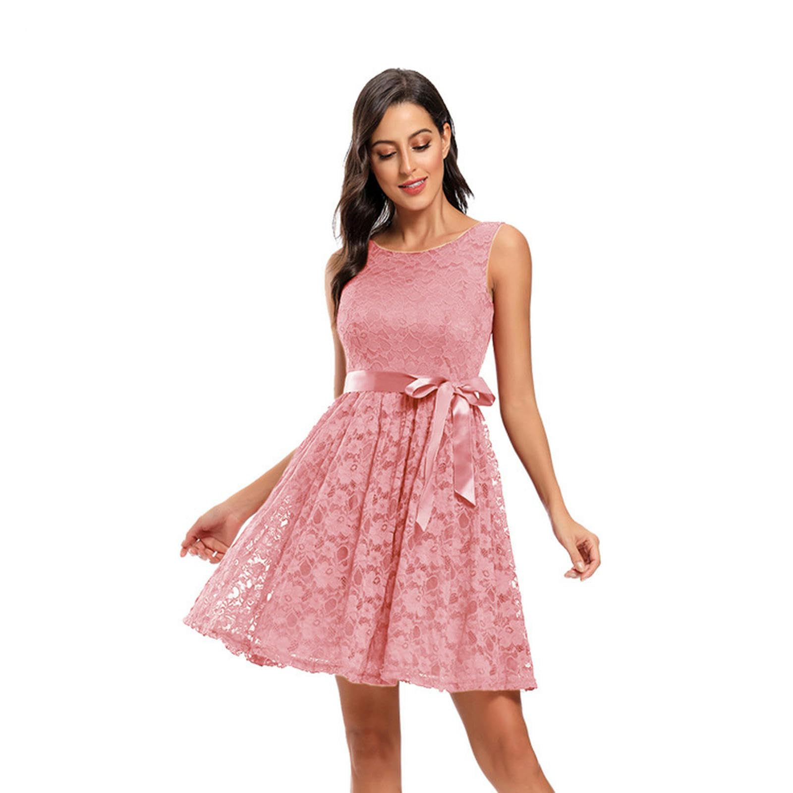 Abito Donna Invernale Donnetto Rotondo da Donna Elegante Swing in Pizzo A Mezza Lunghezza Abito da Damigella d'Onore da Damigella d'Onore-Claret-XXL
