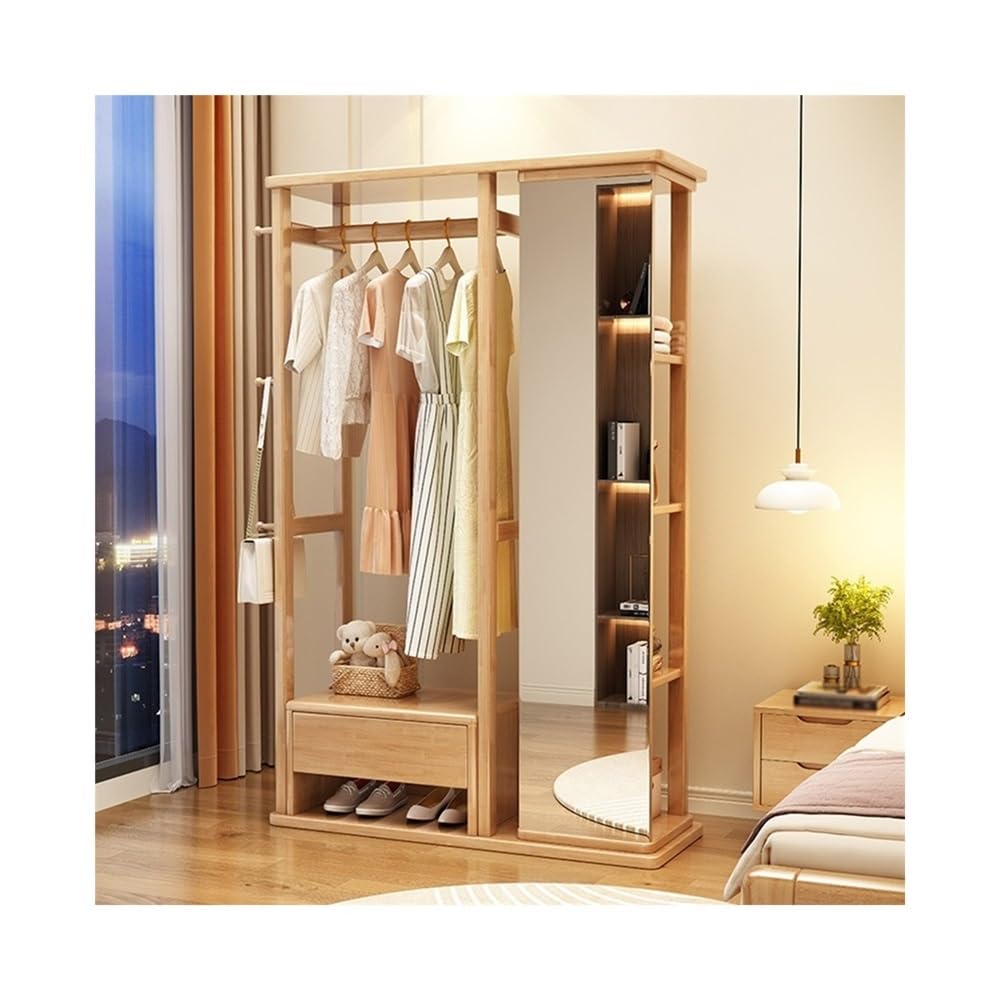 DFHS46JK Hat Rack Solid Wood Clothes Hanger Dressing Mirror Bedroom Floor Rotatable Multifunctional with Drawer Coat Rack Shoe for Office(Wood)