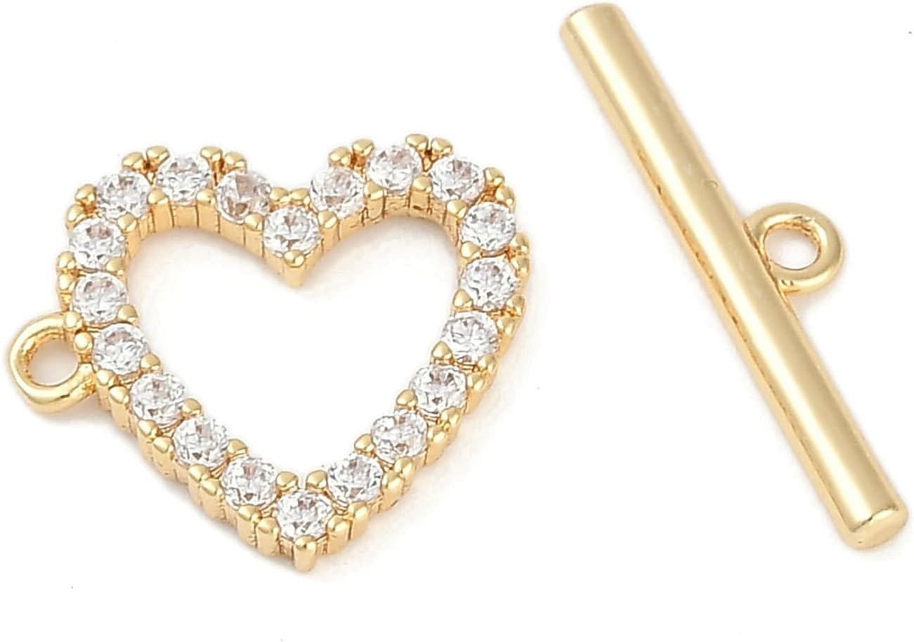 LiQunSweet 10 pcs Golden Color Heart Brass Micro Pave Cubic Zirconia OT Toggle Clasps Love Shape T Bar Closure Connector Extender Clasp for DIY Necklace Bracelet Jewelry Making
