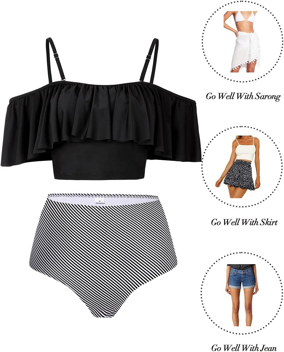 Kaei&Shi High Waisted Flounce Bikini Set,Tummy Control Swimsuits for Women,Off Shoulder