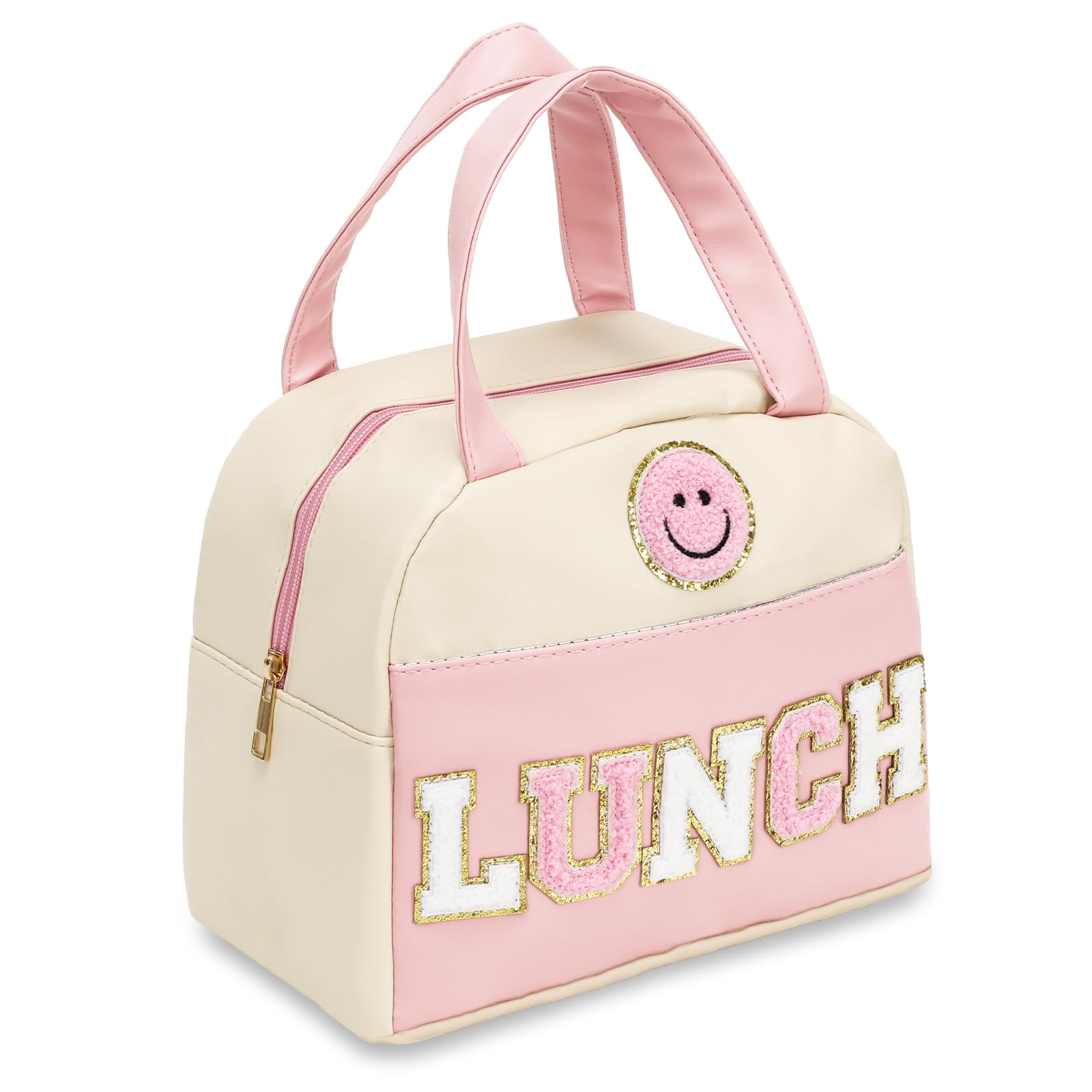 Lunch Bag for Women Smile Face Large Insulated Lunch Box Reusable Pink White Tote Bag Preppy Freezable Cooler Portable PU Leather Box for Work Travel Picnic