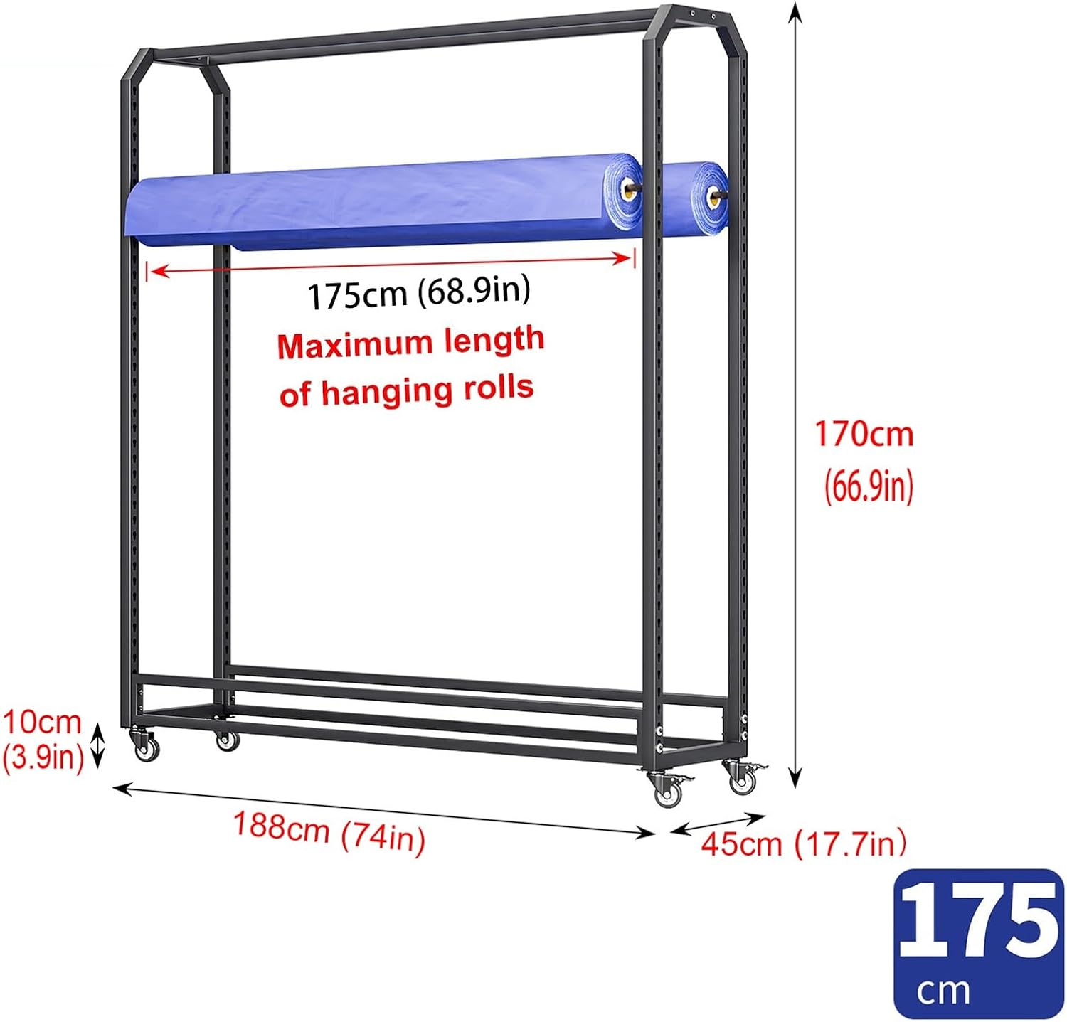 Adjustable Metal Fabric Roll Storage Rack - Rolling Vinyl Holder with 12 Hanging Rods for Leather, Window Film & Wallpaper - Space-Saving Design (175cm) - Ideal for Craft Supplies and Organization
