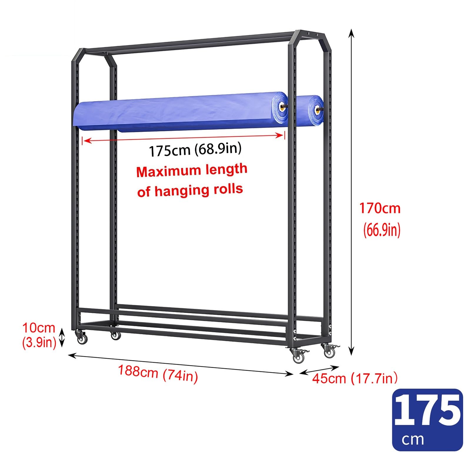 Duży wytrzymały organizer na rolki z tkaniny metalowej – stojak do przechowywania 170 cm na winyl, obrus, folię PCW i okłady samochodowe, 145 cm z 8 prętami, idealny do użytku komercyjnego