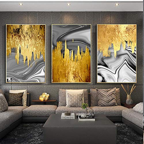 Salon decoratif mur art photo triptyque abstrait moderne sans cadre toile peinture gris or