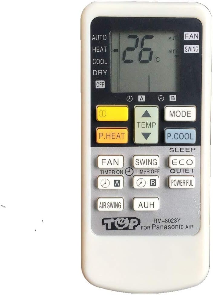 Přední view of Calvas RM-8023y remote control, showing the 'TOP RM-8023Y FOR Panasonic AIR' branding at the bottom.