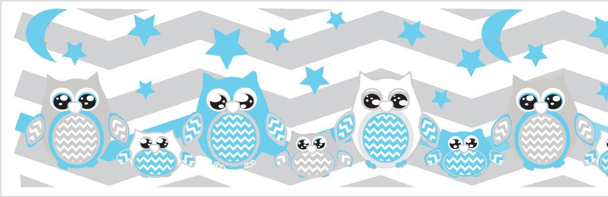 Blue Owl Border Wall Decals Stickers/Chevron Border Woodland Forest Animal Nursery Decor (Blue Owls)