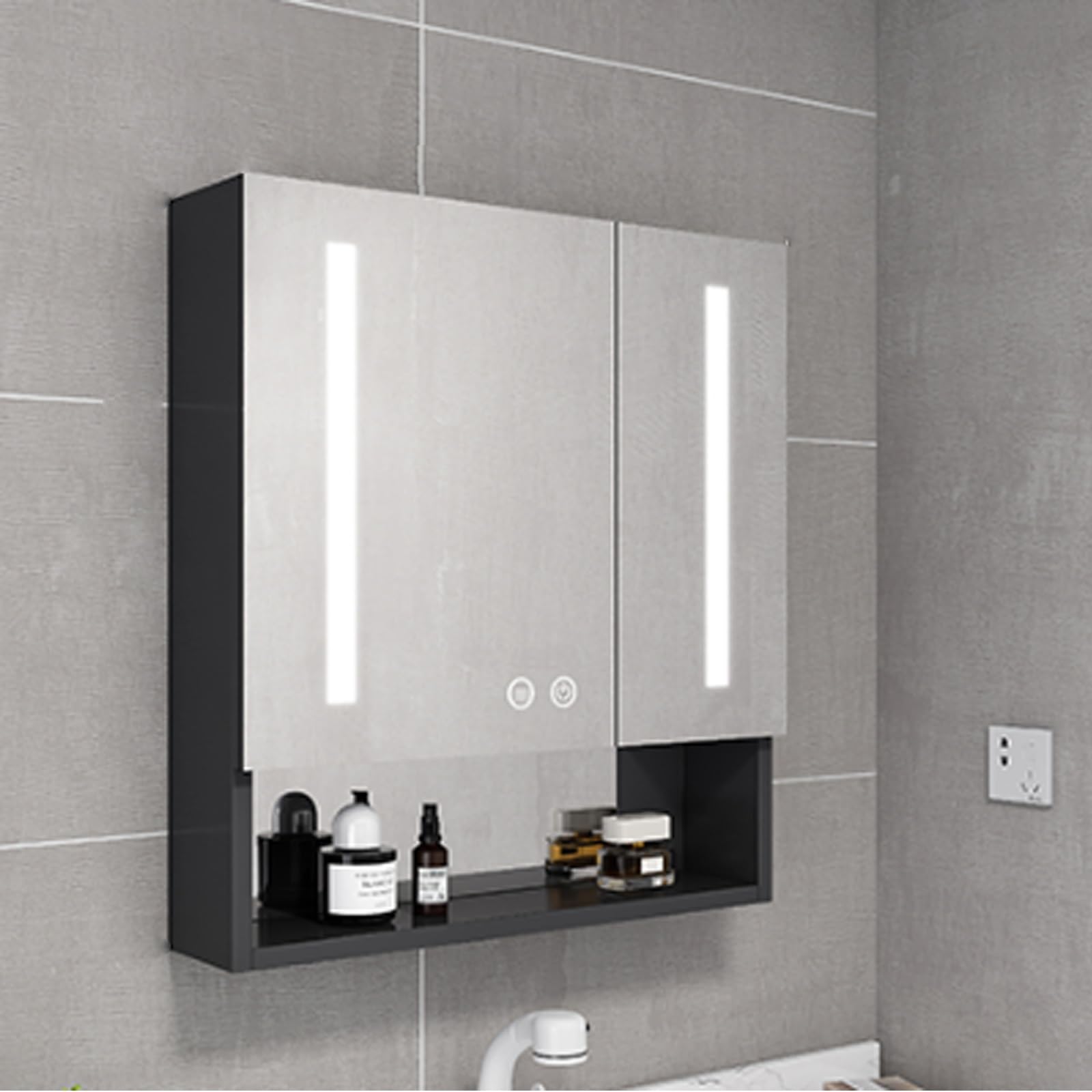 Aluminiowa apteczka ze światłami LED, inteligentne przechowywanie przeciwmgielne, oświetlenie do toaletki, przełącznik dotykowy, uchwyt na suszarkę do włosów, z otworami na papier higié
