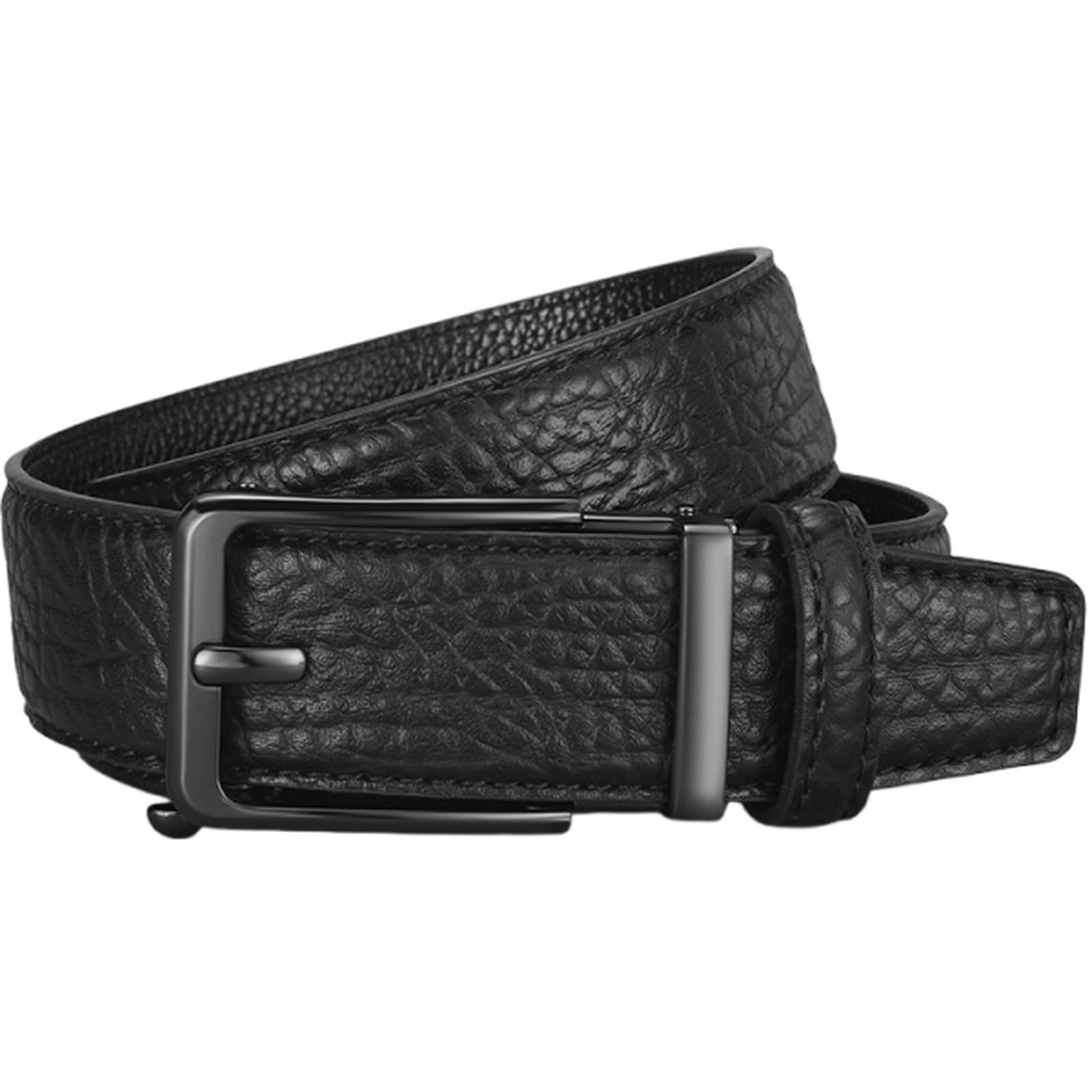 AGUTALITHIC Stitched PU-Leather Ratchet Belt with Hollow Adjustable Automatic Buckle, Carved Crocodile Pattern Embossed Strap(110cm/43, Black)