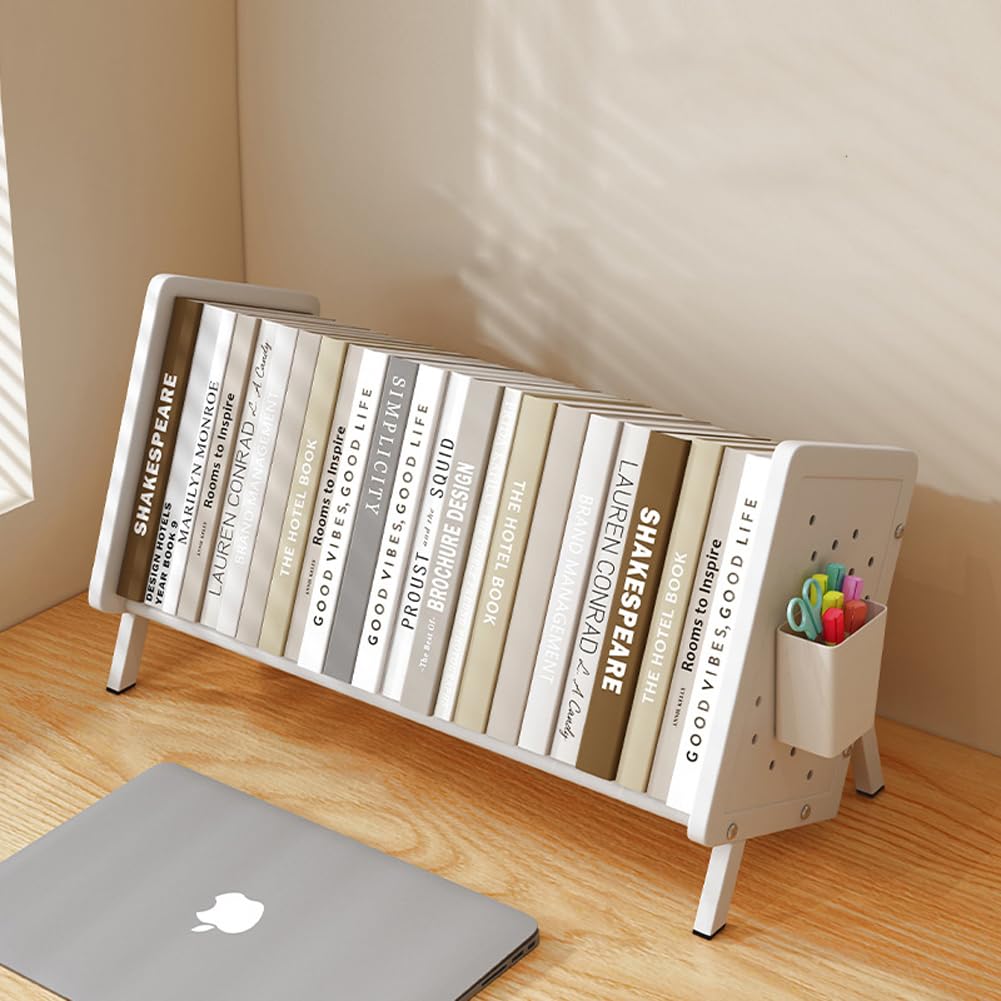 Kippbares Bücherregal aus Metall für Bücher, Dokumentenhalter, Schreibtisch-Organizer, Büro-Tischbuch-Aufbewahrungsregal, tragbarer Zeitschriftenständer, Papierbriefhalter (Weiß, B (50 x 18,2 x 31 cm)