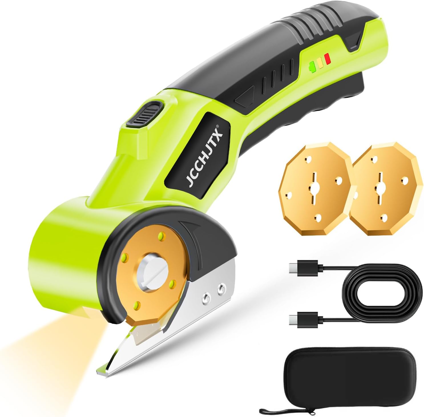 Cordless Electric Scissors, Cardboard Cutter with LED Light, 4V Rechargeable Electric Box Cutter, 2 SKS7 Blade, Suitable for Cloth, Cardboard, Leather, Plastic, Fabric (Green)