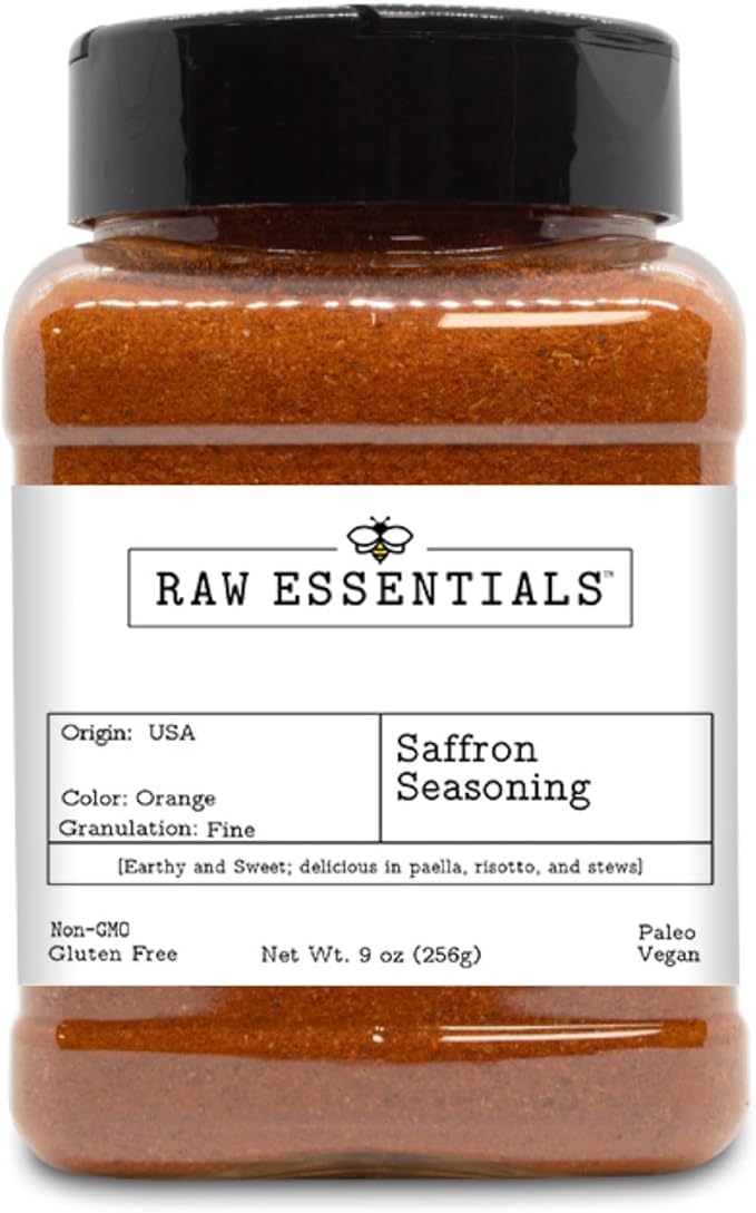 Raw Essentials Saffron Seasoning - Earthy and Sweet - Delicious in Paella, Risotto, and Stews - Luxurious Non GMO, Gluten Free, Paleo and Vegan Blend - 9 Ounce Bottle