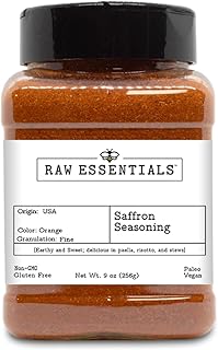Raw Essentials Saffron Seasoning - Earthy and Sweet - Delicious in Paella, Risotto, and Stews - Luxurious Seasoning that is Non GMO, Gluten Free, Paleo and Vegan - 9 Ounce Bottle