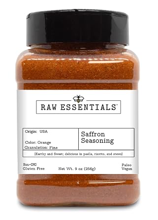 Raw Essentials Saffron Seasoning - Earthy and Sweet - Delicious in Paella, Risotto, and Stews - Luxurious Non GMO, Gluten Free, Paleo and Vegan Blend - 9 Ounce Bottle