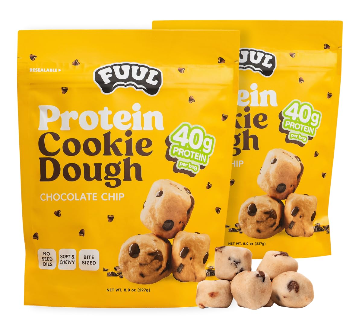 FUUL Chocolate Chip Cookie Dough Protein Bites - 2 Bags (1lb, 80g Protein) | Soft, chewy, high protein bites with no seed oil