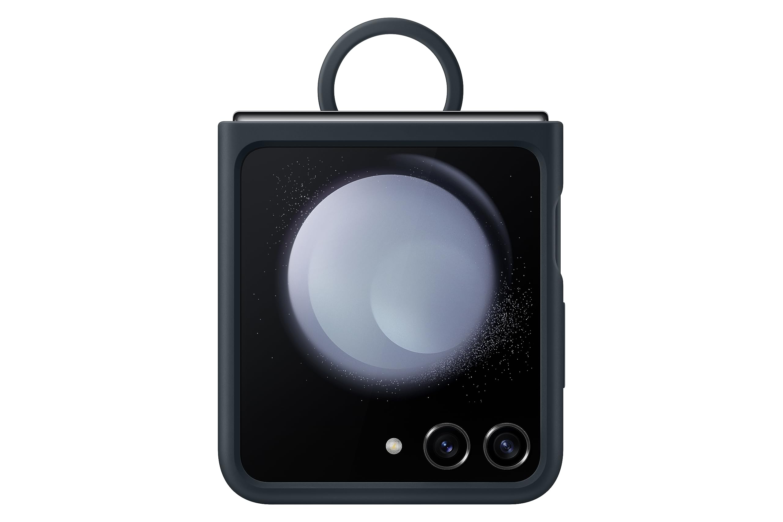 Samsung Galaxy Flip5 with Indigo Silicone Case, showing the ring holder in use for a secure grip.