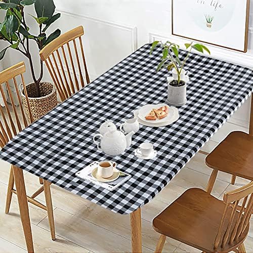 Fitable Black and White Checkered Tablecloth with Elastic - 30"x96" - Waterproof Vinyl Fitted Picnic Table Cover with Flannel Backing, Rectangle Outdoor Tablecloth for 8 Foot Table, Folding Table