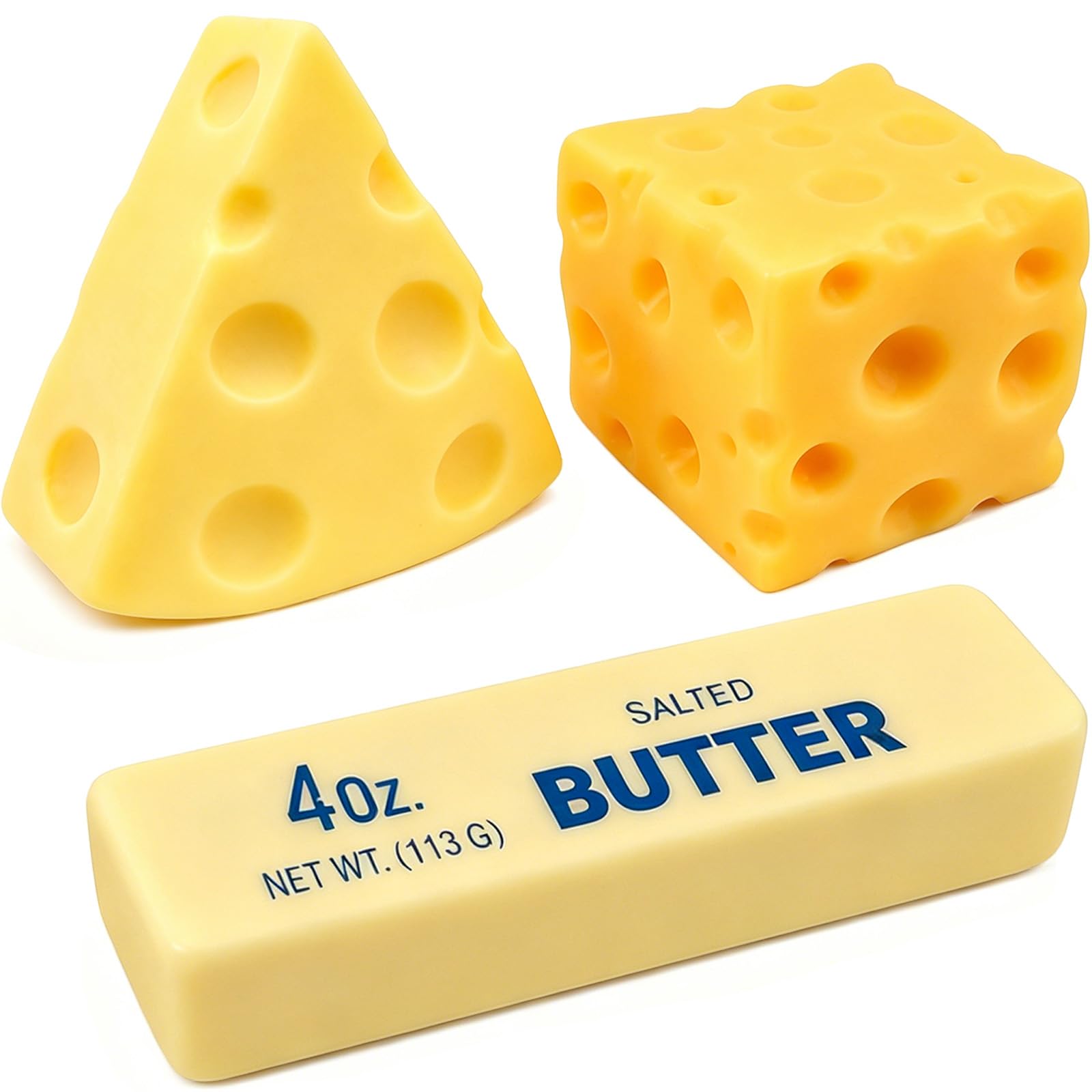 3pcs Cheese Squishy Set Triangle Cheese Block Square Cube Cheese Butter Bar Slow Rebound Squeeze Balls, Realistic Design Anxiety Relief Stress Sensory Fidget Toy for Office Home Decor