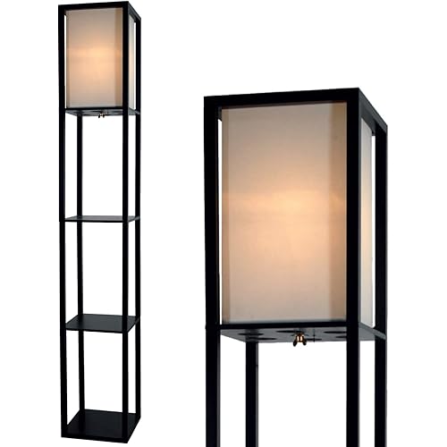 Floor Lamp with Shelves - Room Light by Lightaccents - Corner Storage Standing Bookshelf Lamp - Bedroom Light with Wooden Storage Shelves and White Cotton Linen Shade (Black)