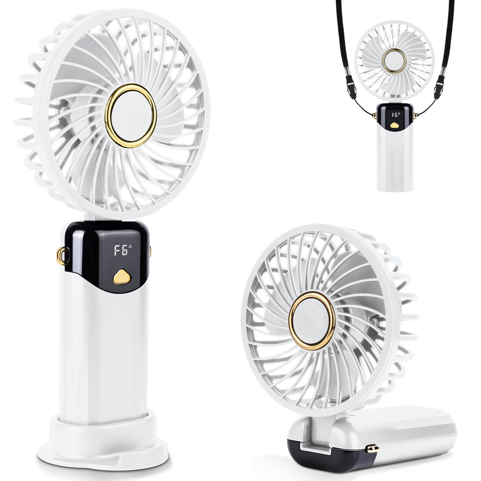 AUAUY Portable Handheld Fan, USB Rechargeable Hand Held Fan with 6 Speeds, Folding Hand Fan with Digital Display, Desktop Fans with Base for Home Office Makeup Bedroom Outdoor Travel, White