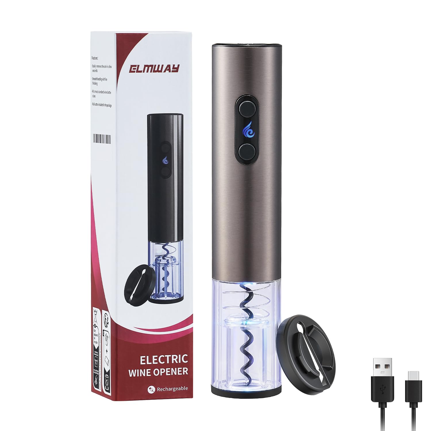 ELMWAY VinoLux Series Rechargeable Electric Wine Opener – Electric Corkscrew with Dual LED Lights, Brushed Stainless Steel Body & Foil Cutter (Gunmetal)