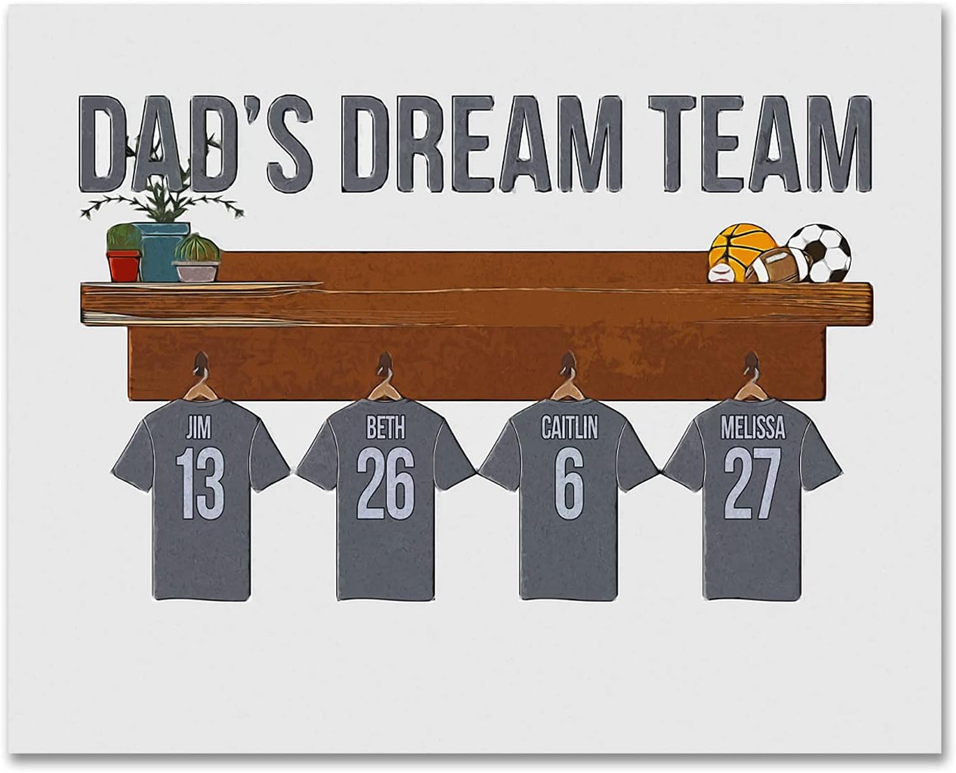Personal-Prints DAD's Dream Team | Personalized Father's Day Gift from Children | Names on Jerseys in Locker Rooms (11"x14" Stretched Canvas, 4 Jerseys)