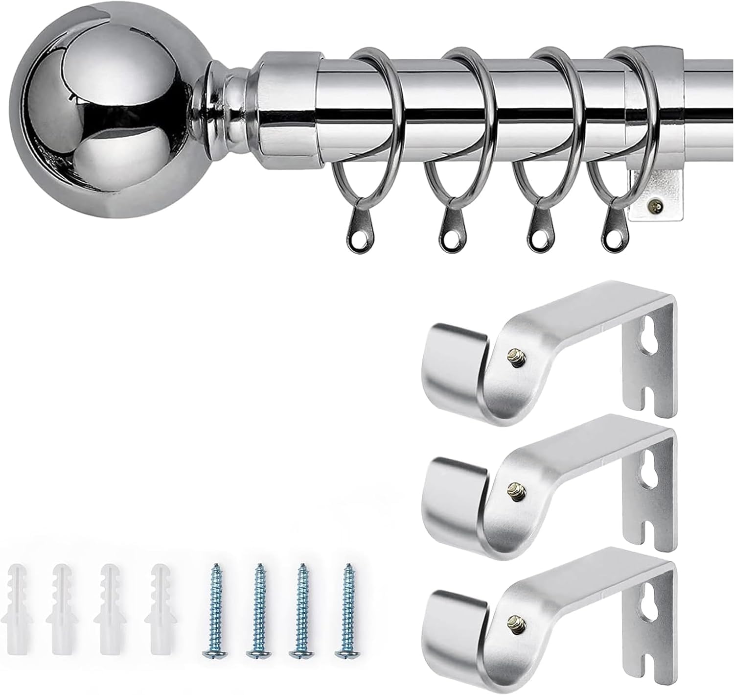AMEHA Curtain Poles Plain Metal Ball Extendable Curtain Pole Includes Adjustable Curtain Rod, 60 mm Finials, Rings, Brackets and Fitting Set (70-120cm, 28 Inch to 48 Inch, Chrome)