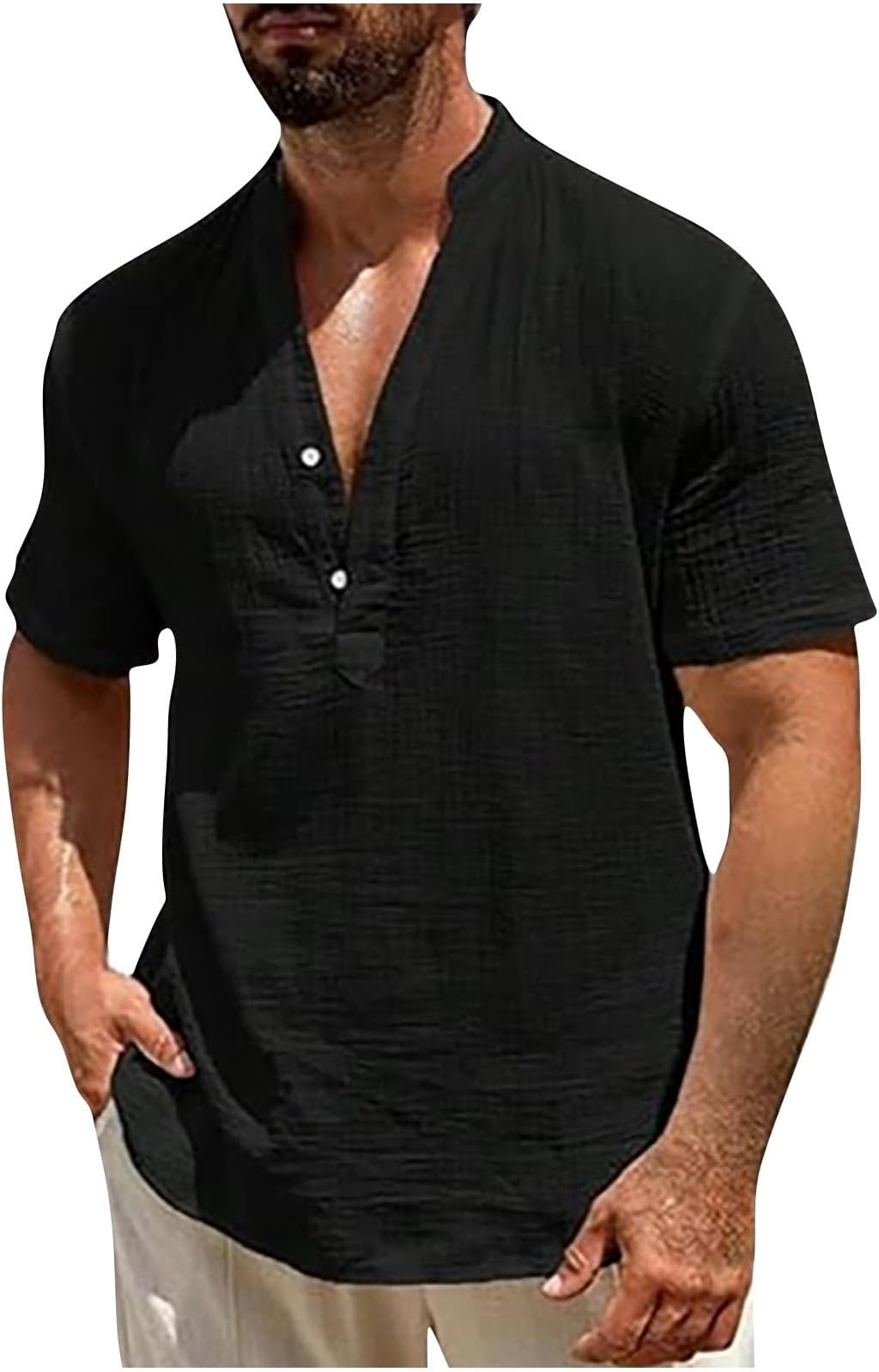 Linen Shirts for Men Band Collar Button Up Henley Shirt Beach Casual Short Sleeve T-Shirt Hippie Fashion Linen Blouse
