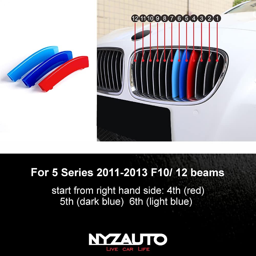 NYZAUTO M-Colored Stripe Grille Insert Trims Compatible with BMW 2011-2013 F10 5 Series 528i 535i 550i Kidney Grills (12 Beams,Not Fit 10-Beam)