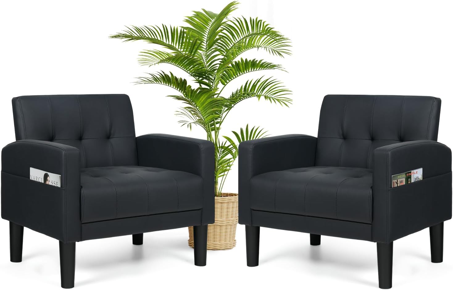 AILEEKISS Accent Chairs Set of 2 for Living Room, Upholstered Comfy Armchair, Modern Leather Single Sofa Chair with Side Pockets, Reading Arm Chairs for Bedroom, Office (2, Black Leather)