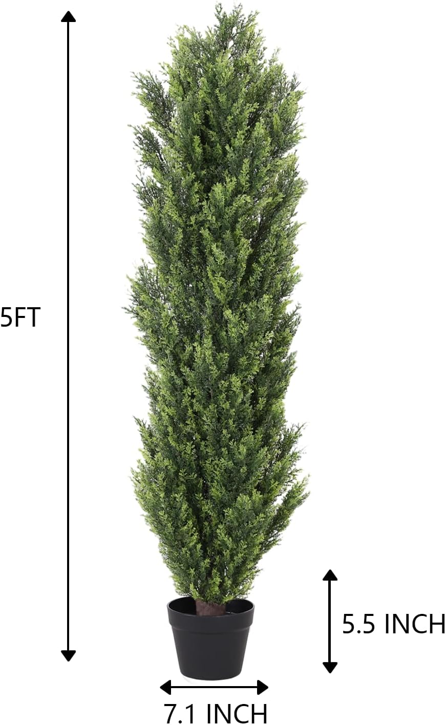 5FT Artificial Cedar Topiary Trees Set of 2, UV Resistant Faux Outdoor Potted Plants for Porch Patio Decor, Realistic Fake Bushes & Shrubs for Outside Planters