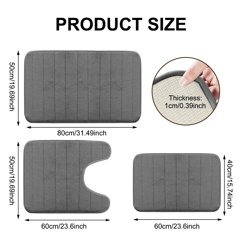 Set di 3 tappeti da bagno con memory foam - tappetini da bagno antiscivolo e lavabili per bagno, doccia e toilette, comfort di lusso e design moderno (grigio scuro)