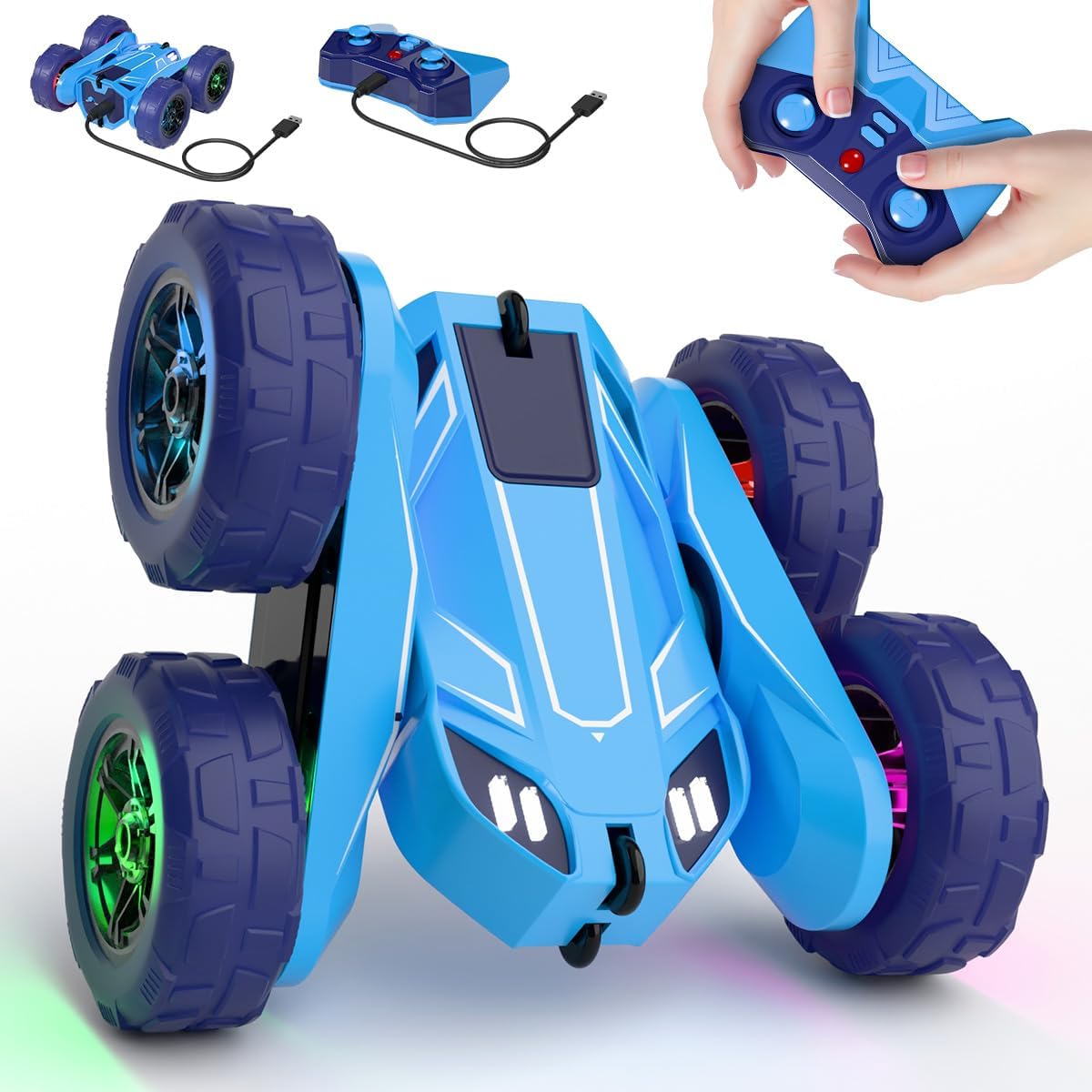 MaxTronic Fast Direct Charging Remote Control Car with LED，Exclusive Dual USB-C Charging for Car & Controller - 2.4Ghz 15km/h 360° Flips Rotations 4WD RC Stunt Car Fully Rechargeable for Kids 3-12