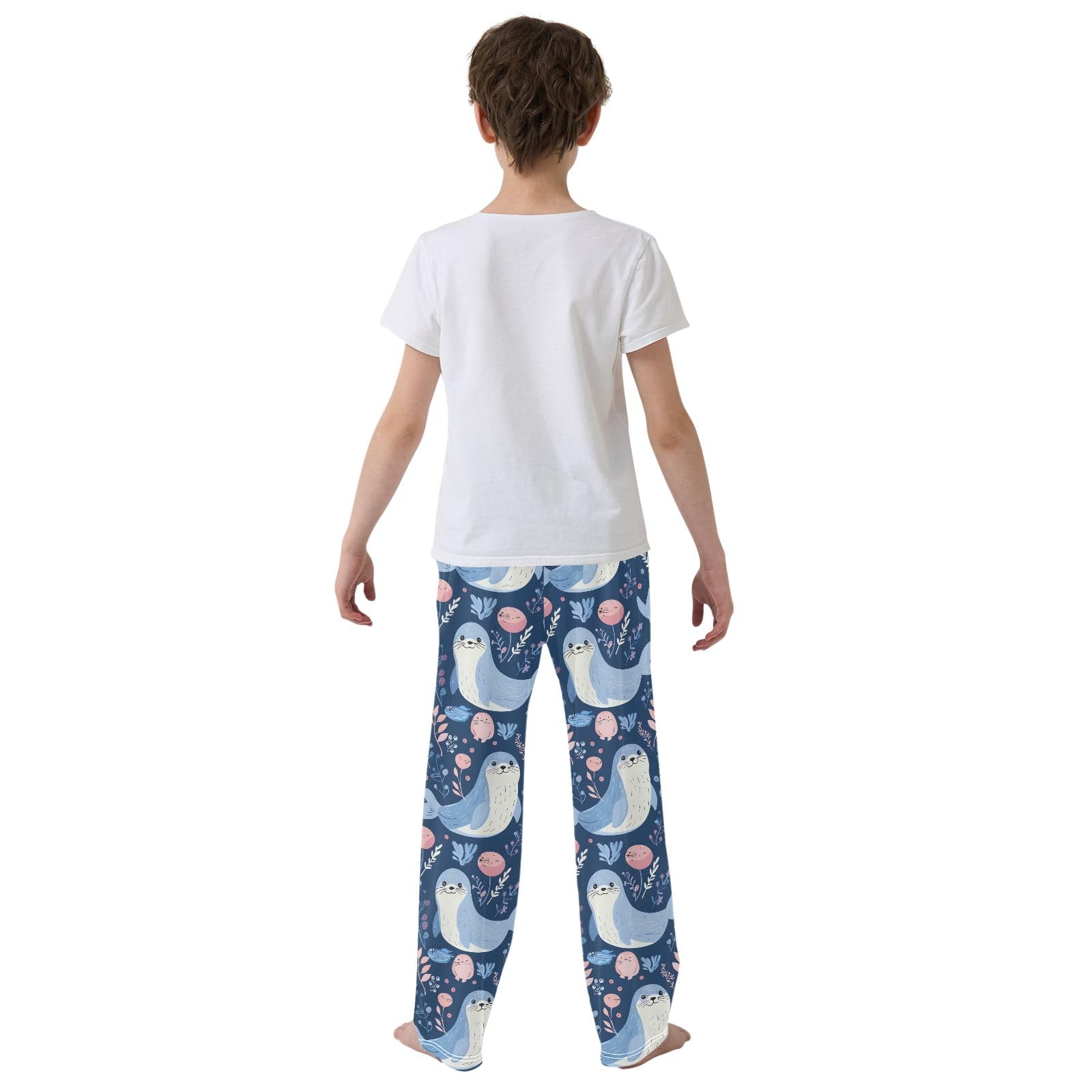 Süßes Seehund-Pyjamahose für Kinder, lang, weich, mit Taschen, für Jungen und Mädchen, Blau