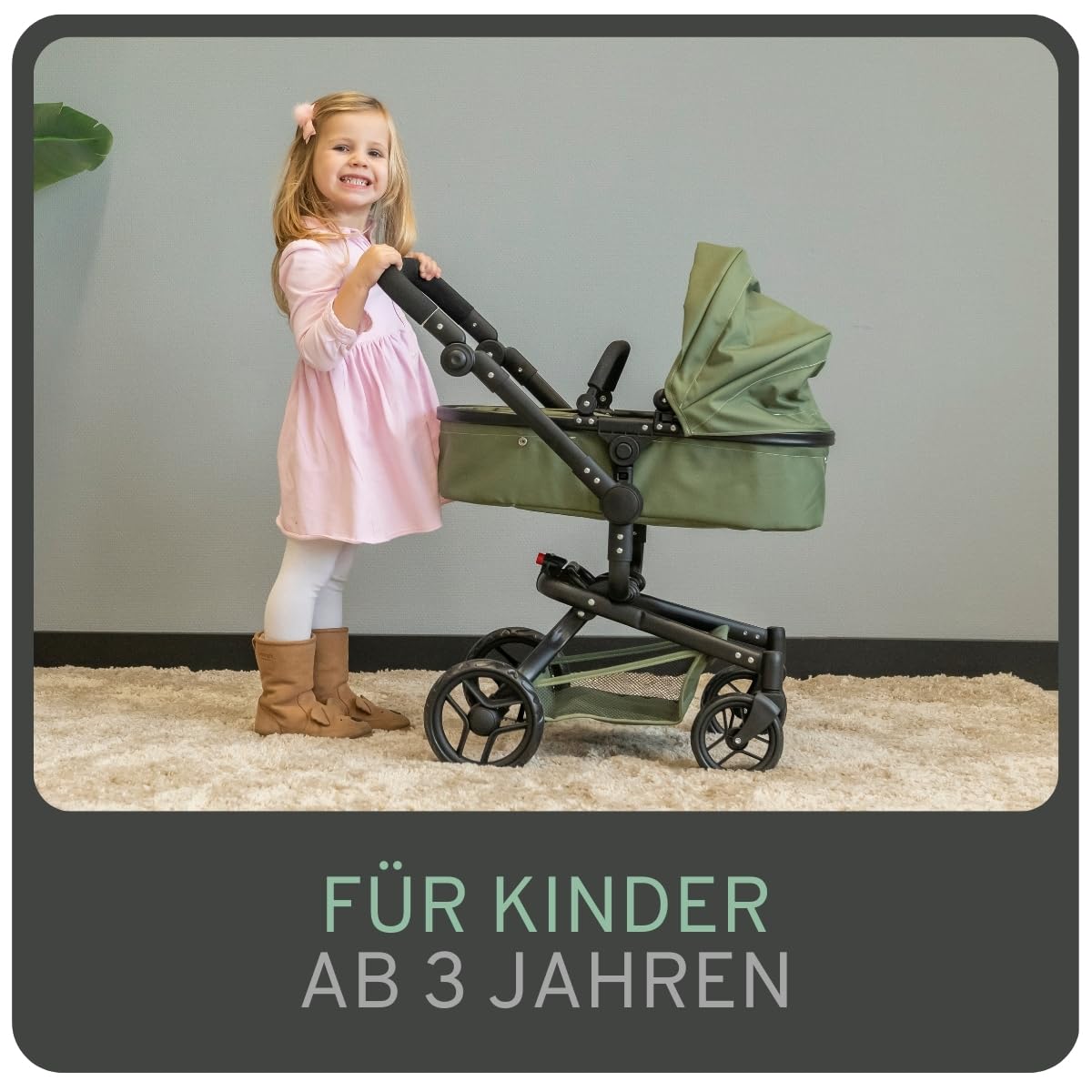 Bandits & Angels Puppenwagen Grün Modern Angel 2in1 Retro Grün ab 3 Jahren – Puppenbuggy – Für Mädchen – Verstellbarer Schieber 48-81 cm – Komplett zusammenklappbar – Mit Einkaufskorb