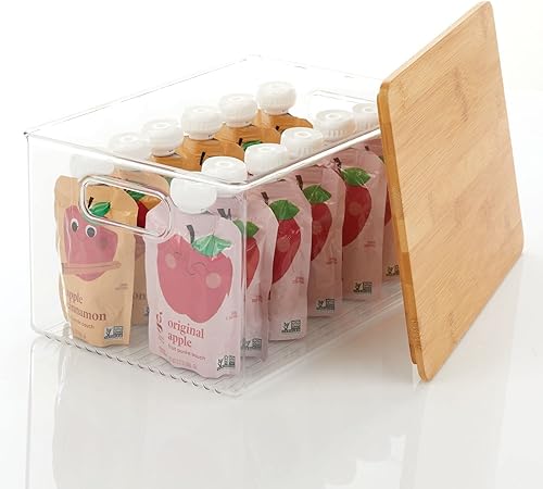 Miniatura 6 de mDesign Armario apilable de plástico para despensa, caja de almacenamiento de alimentos con asas integradas y tapa de bambú, organizador para