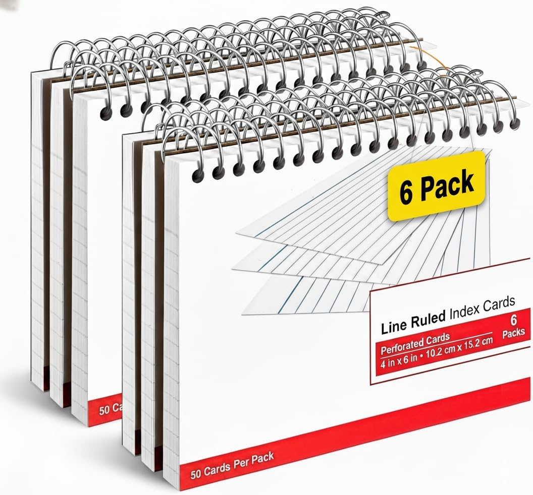 1InTheOffice 4x6 Spiral Bound Index Cards, Ruled Index Card, Lined Index Card, White, 50 Cards/Pack, 6 Pack