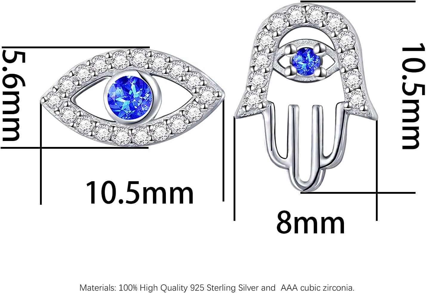 Evil Eye and Hamsa Hand Stud Earrings 925 Sterling Silver High Polish Tarnish Resistant Earrings for Women - Image 4