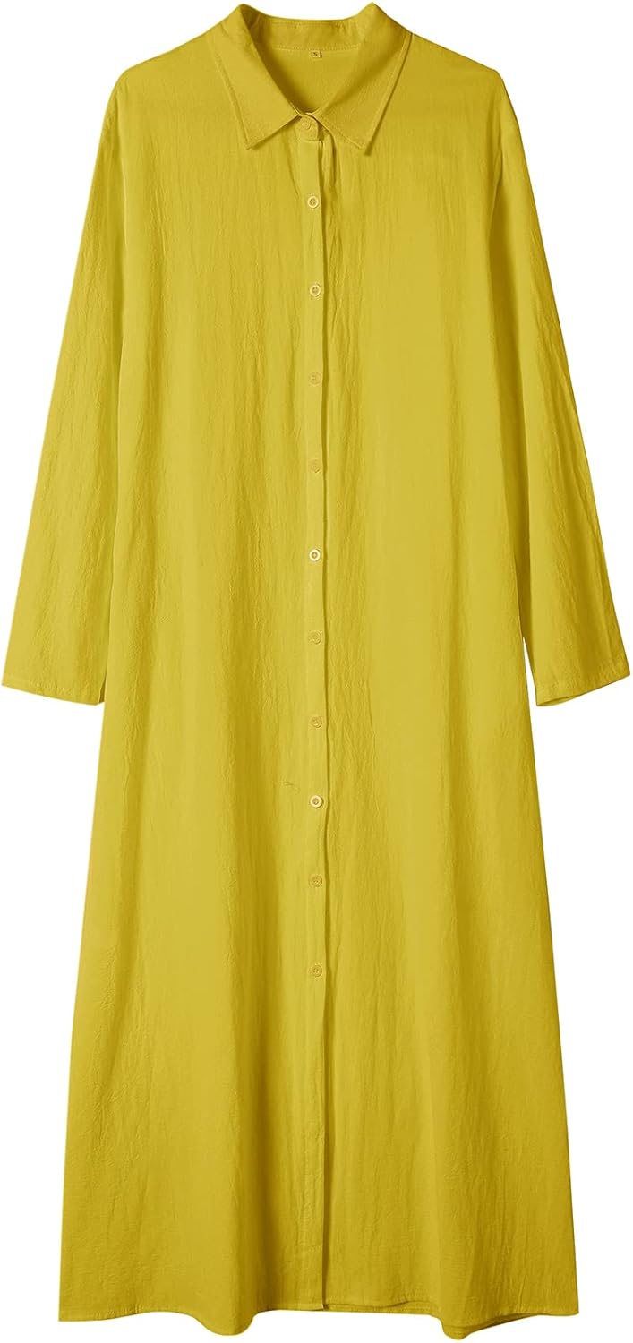 Ladyful Women's Button Down Cotton Linen Shirt Dress Long Sleeve Maxi Shirtdress Beach Summer Dress Pockets - Image 4