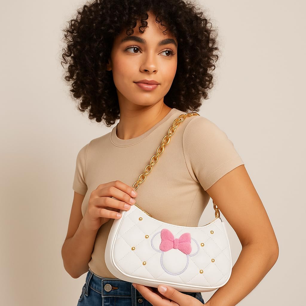 Disney Minnie Mouse Hobo Bag for Women & Girls | White Quilted Handbag with Gold Studs & Chain Strap | PU Leather Shoulder Bag, Fashion Tote, Everyday Purse - Image 2