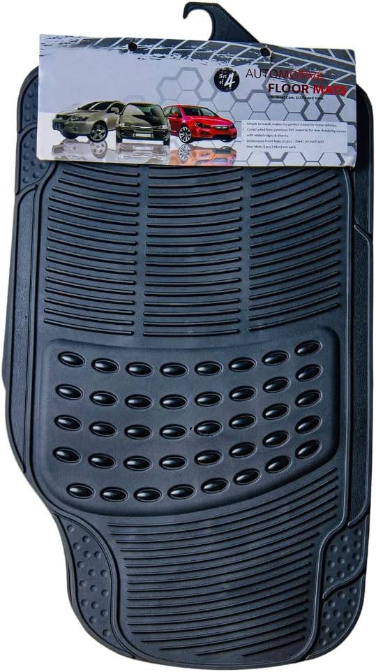 ASMGOLD 4 Piece Rubber Car Mat (Front + Rear) Universal Non-Slip Waterproof Heavy Duty for Cars, SUV, Trucks and Vans – Black (Without Carpet)