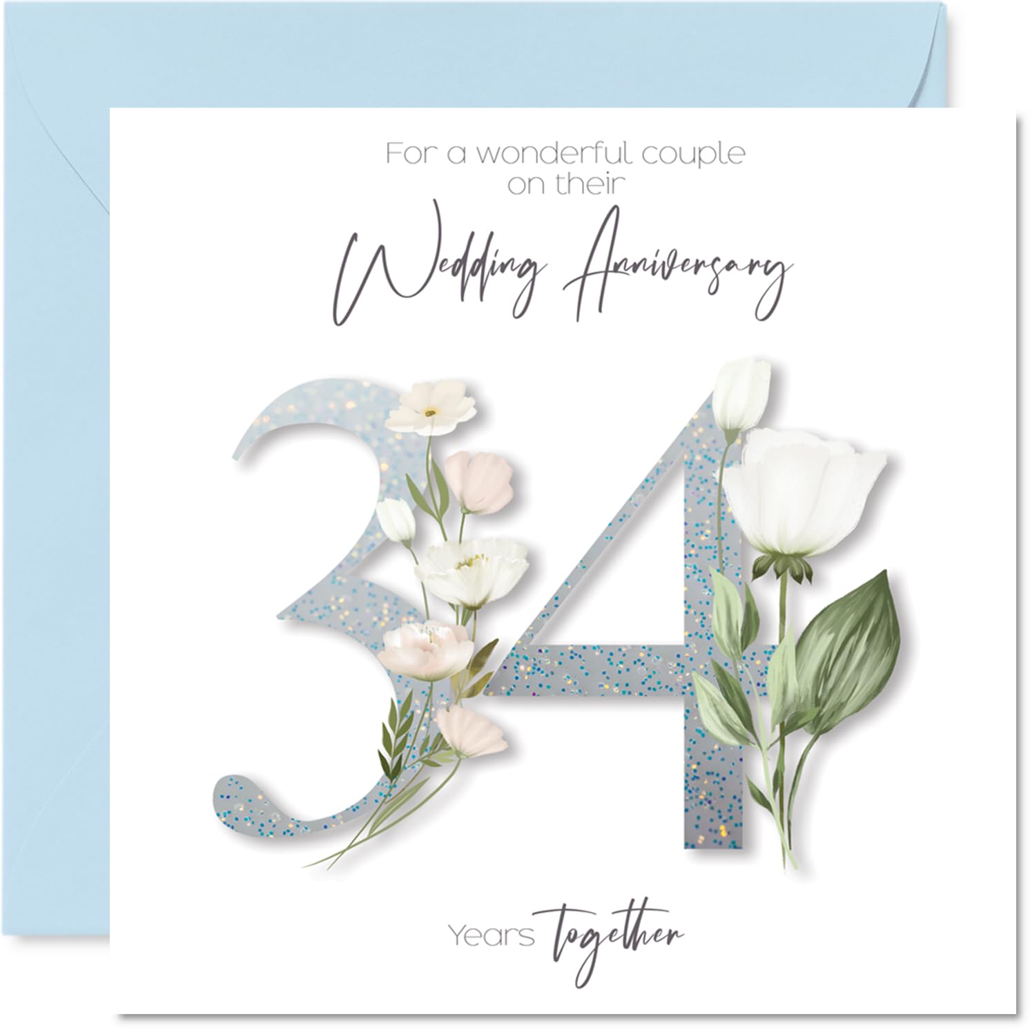 34th Anniversary Card for Women Men - Fancy Floral Flowers - Happy 34 Year Anniversary Card for Brother Sister Friends Family, 145mm Wedding Anniversaries Greeting Cards