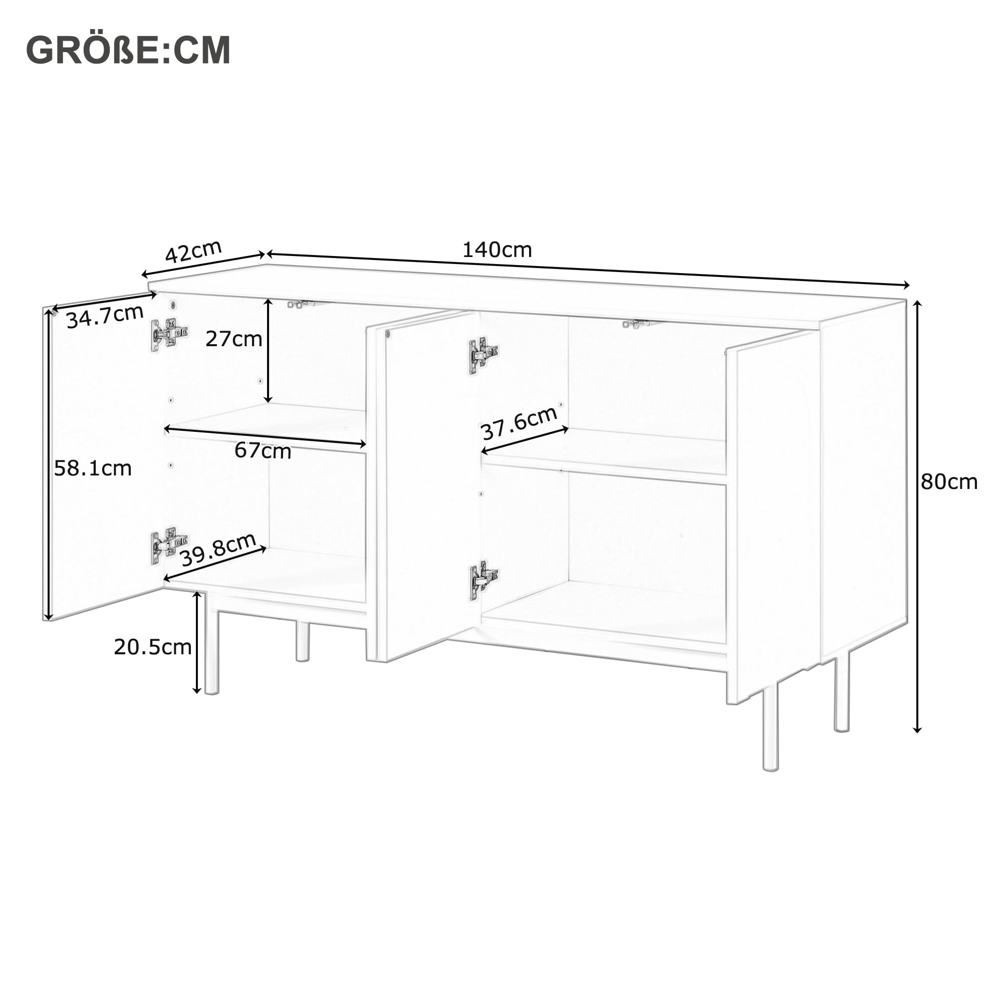 Kredens z 4 drzwiami, biały, MDF, 140 x 42 x 80 cm, nowoczesny, minimalistyczny design z łukowym wzorem, do jadalni i salonu