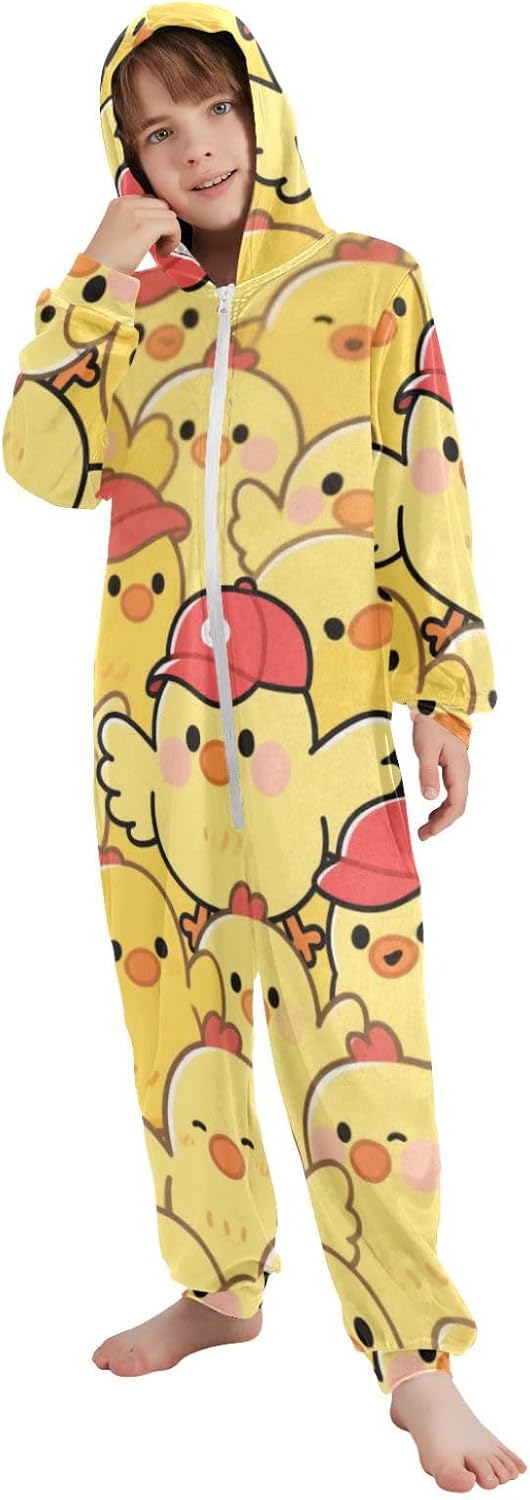 Unisex Onesie Pajamas Long Sleeve Hooded Sleepwear Holiday Loungewear for Parties Sleepovers 4-14Y