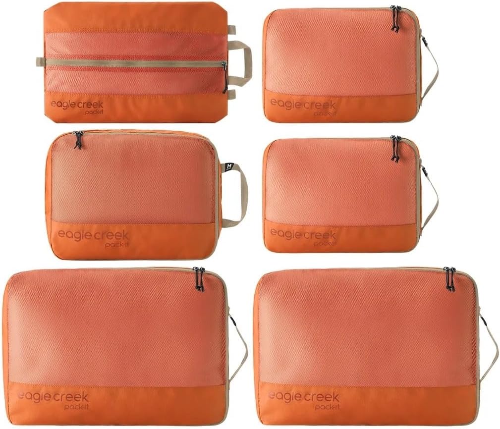Eagle Creek Pack-It Reveal Extended Stay Set - Compression Travel Packing Cubes Set - Eco-Friendly - Quick-Drying, Water-Resistant Fabric - Pack of 6 - Mandarin