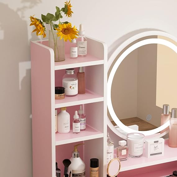 AGOTENI Makeup Vanity Set Dresser Desk with 5 Drawers and Shelf Round Mirror Touch Screen and Light Vanity Set with Cushion Stool for Bedroom, Pink