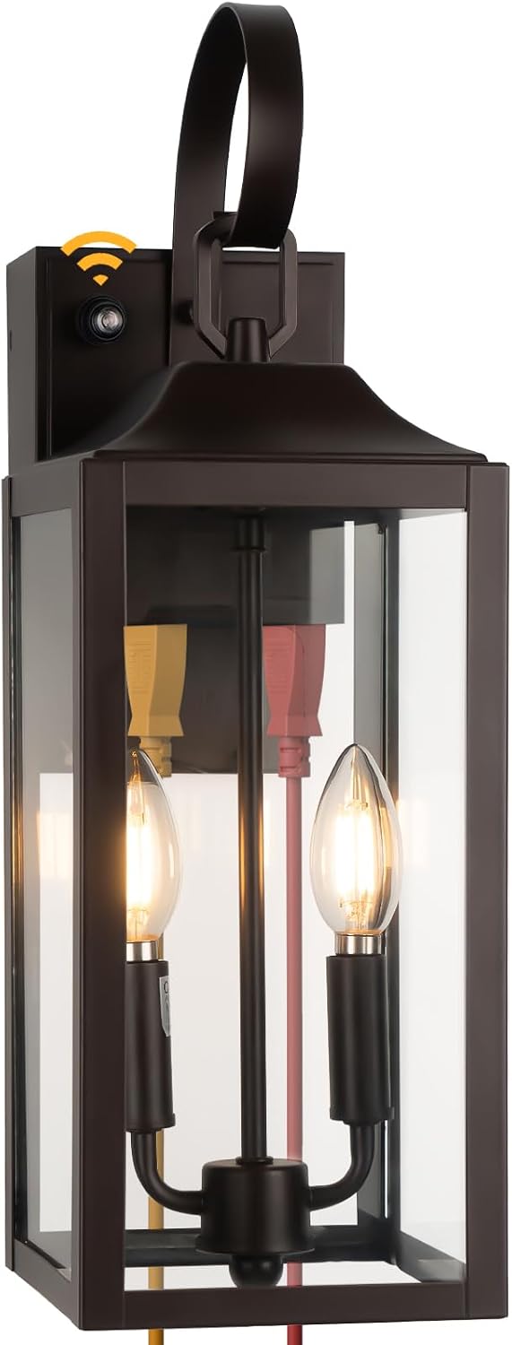 Porch Lights with GFCI Outlet, 19" Brown Dusk to Dawn Outdoor Wall Lantern 2-Light, Exterior Lighting Fixtures with GFCI Outlet Built-in, Waterproof Bronze Outdoor Wall Sconce for House, 1 Pack