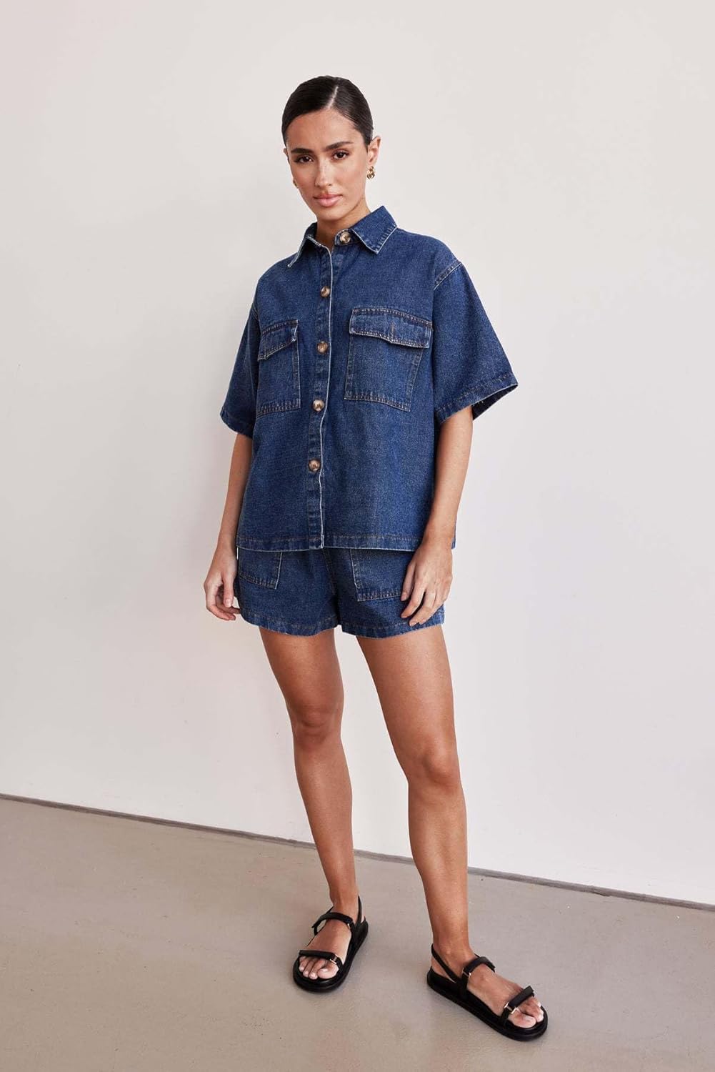 Molilove Women's Denim 2 Piece Outfits Short Sleeve Button Down Shirt Drawstring Shorts Set Casual Jean Outfits Two Piece Set - Image 4