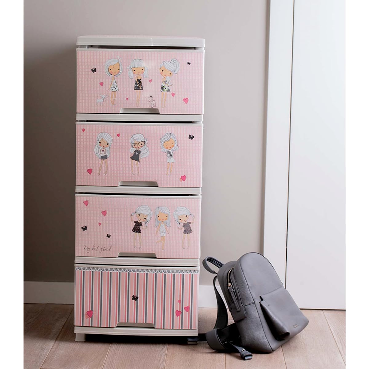 KMND Kommode mit 4 Schubladen Design Dekor | Kunststoff Aufbewahrungsschrank für Kinderzimmer Bad Küche | moderner Organizer Möbel pflegeleicht langlebig & vielseitig - Weiß-Rosa, Mädchen